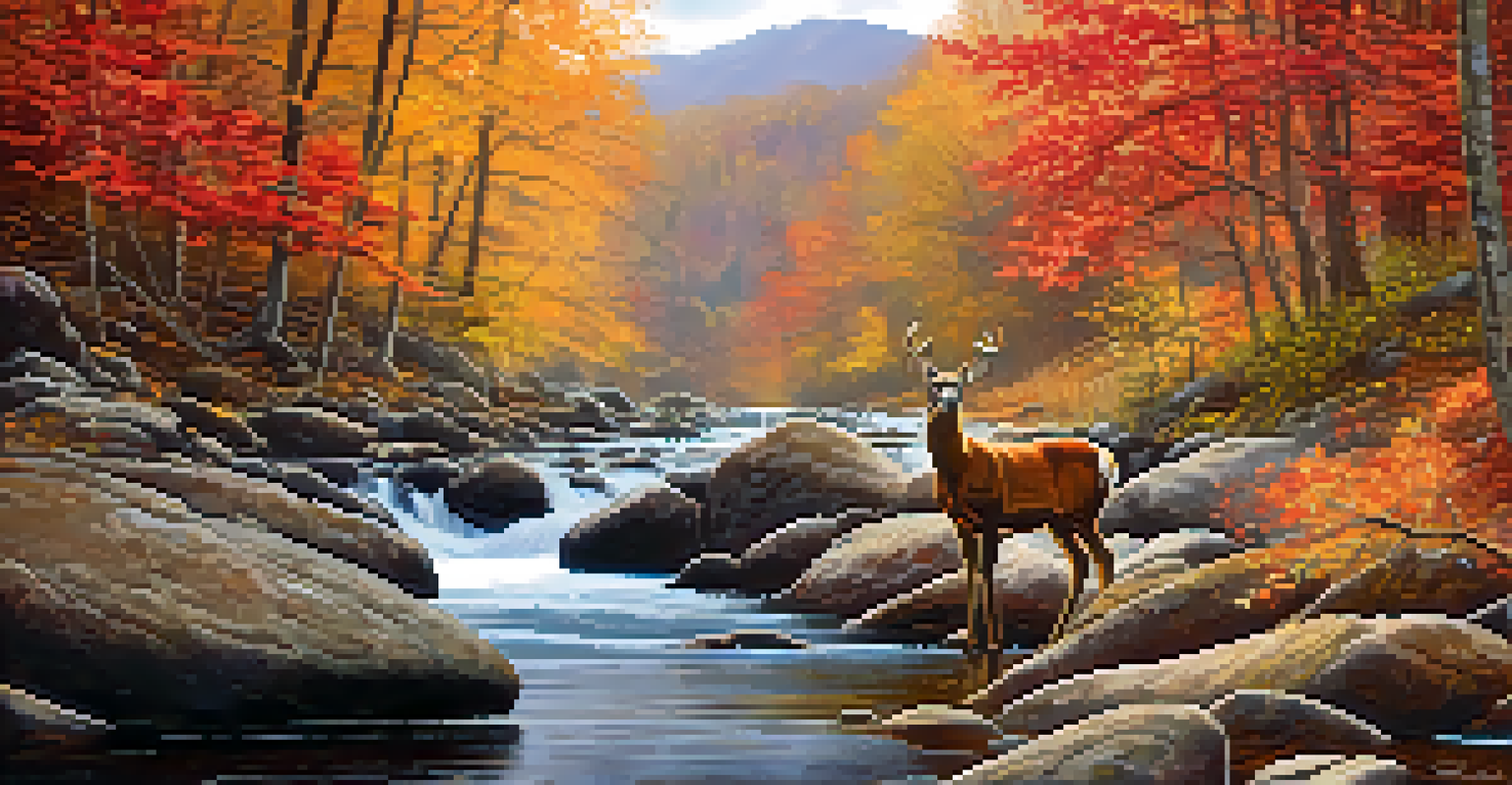 Autumn landscape in the Great Smoky Mountains with colorful foliage and a deer near a stream.