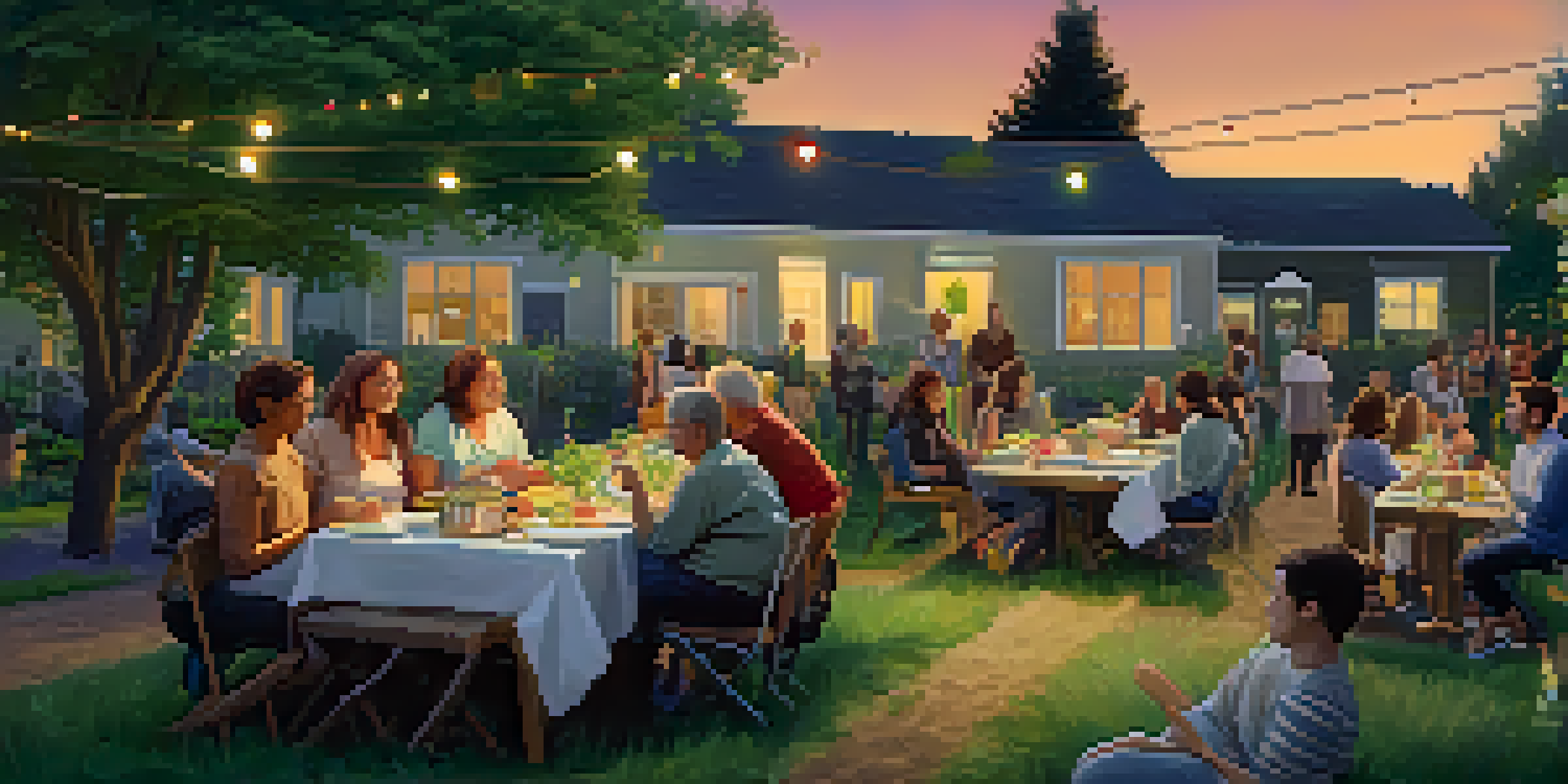 An evening potluck in a community garden, with lights and tables filled with food.