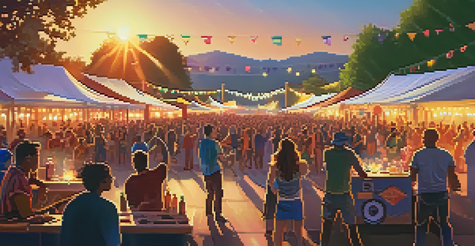 A lively music festival with a diverse crowd enjoying performances, colorful banners, and a sunset background.