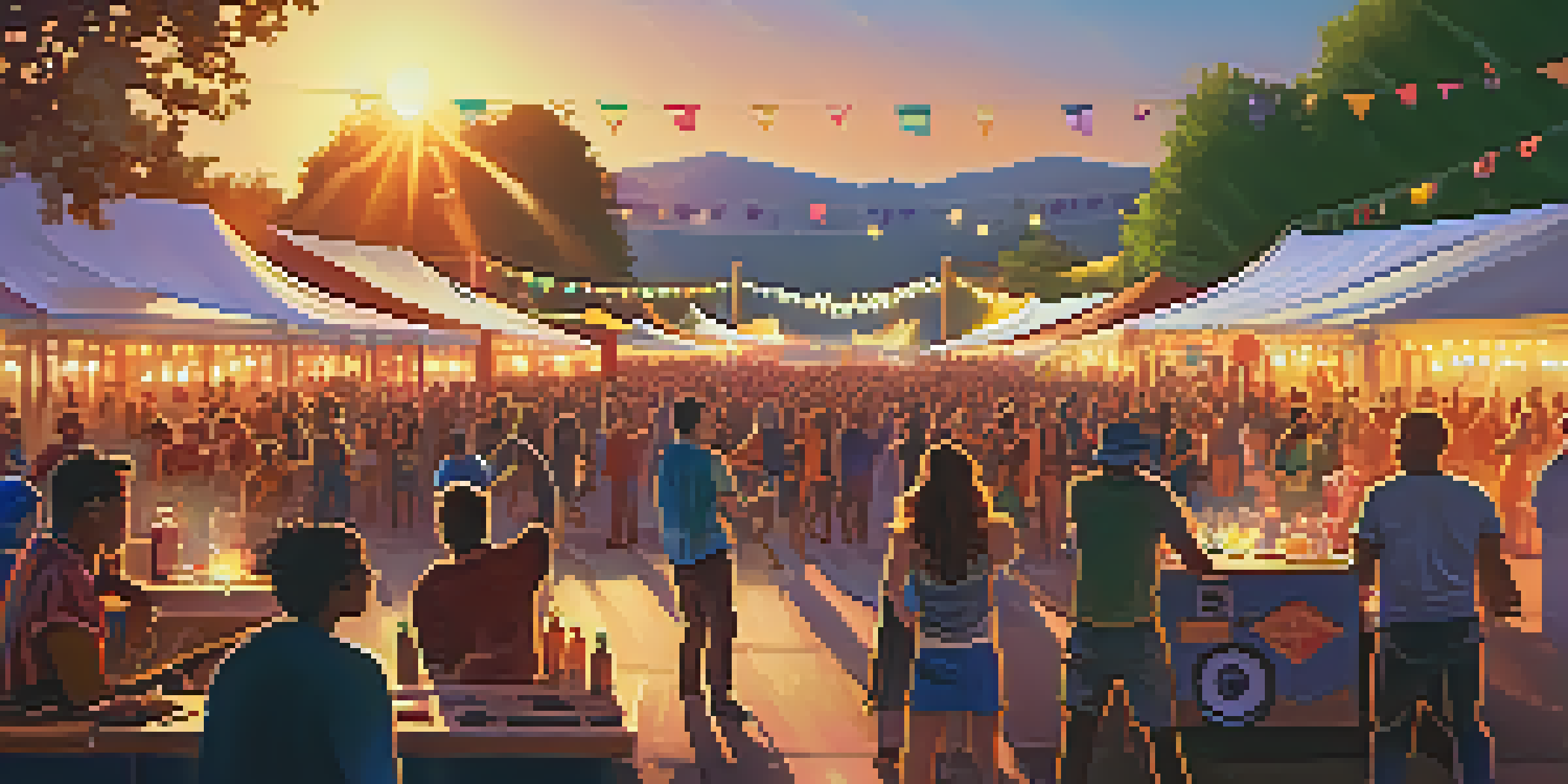 A lively music festival with a diverse crowd enjoying performances, colorful banners, and a sunset background.