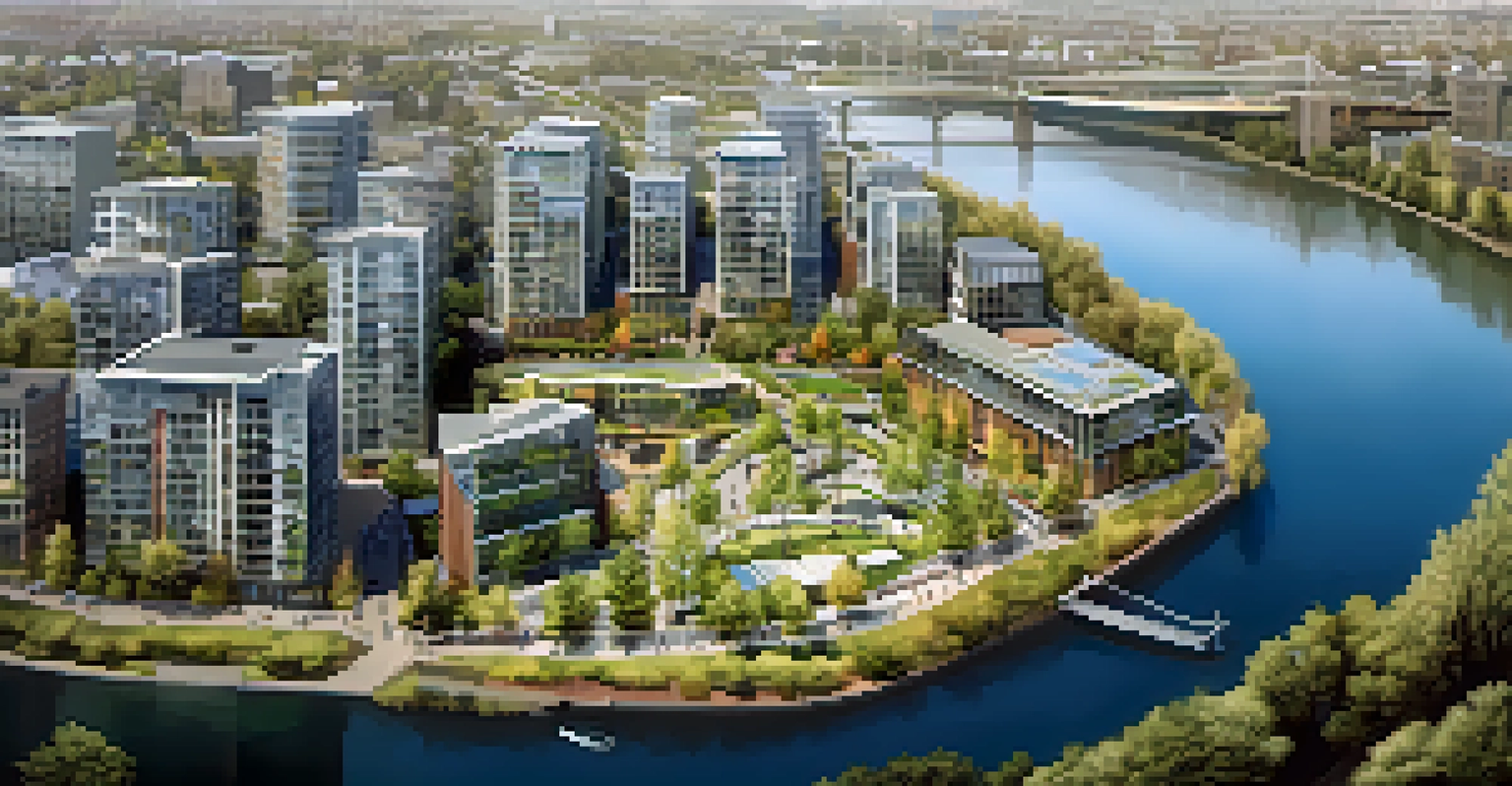 An aerial view of Portland's South Waterfront showcasing modern housing, parks, and the Willamette River, with people enjoying outdoor activities.