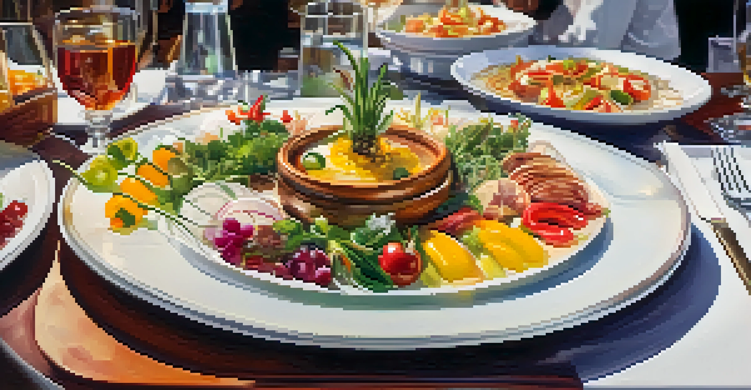 An artistically plated regional dish showcasing vibrant seasonal ingredients, with blurred attendees enjoying a culinary event in the background.