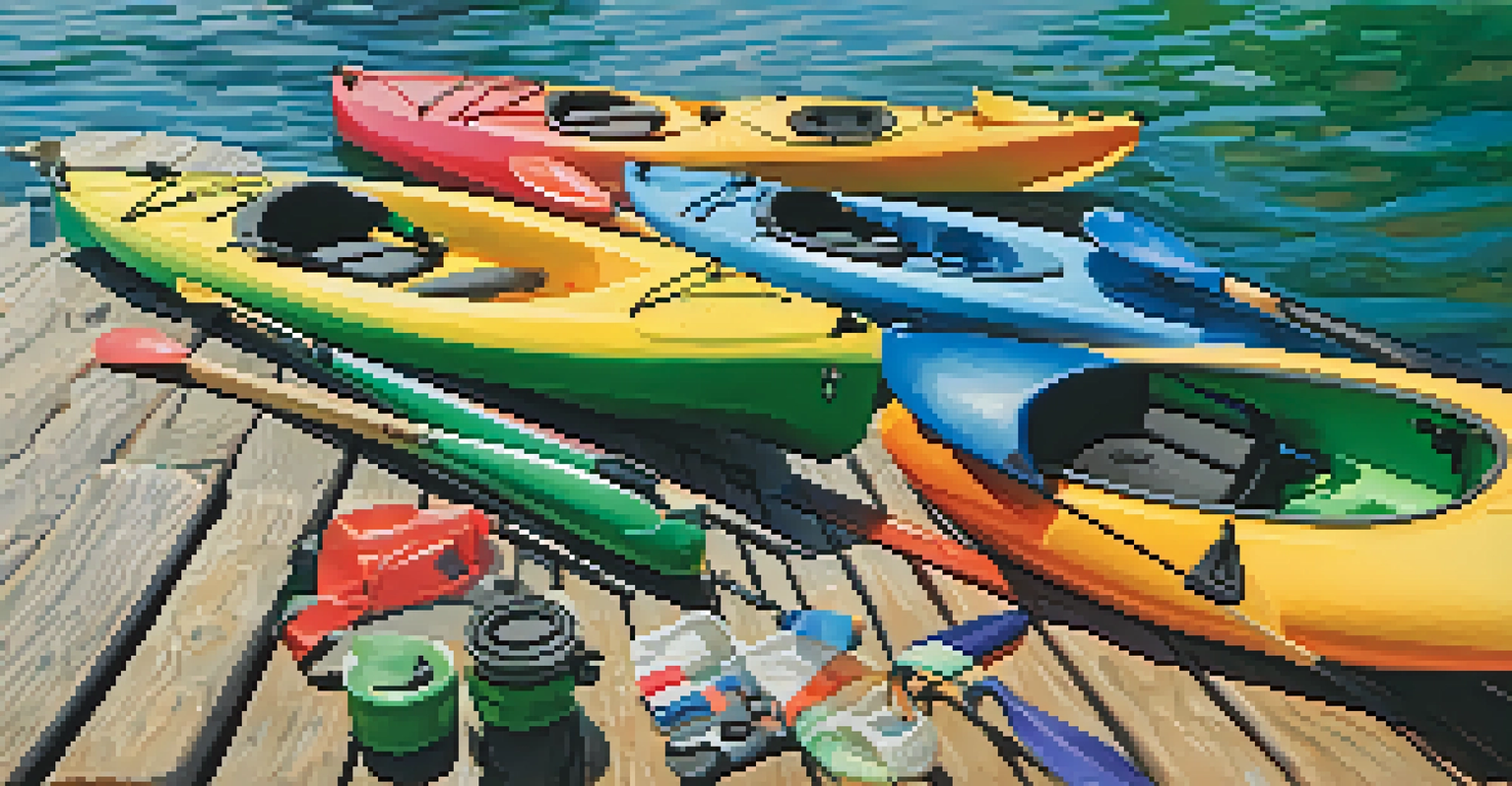 An arrangement of kayaking equipment including a kayak, paddle, life jacket, and water shoes on a dock by the water.