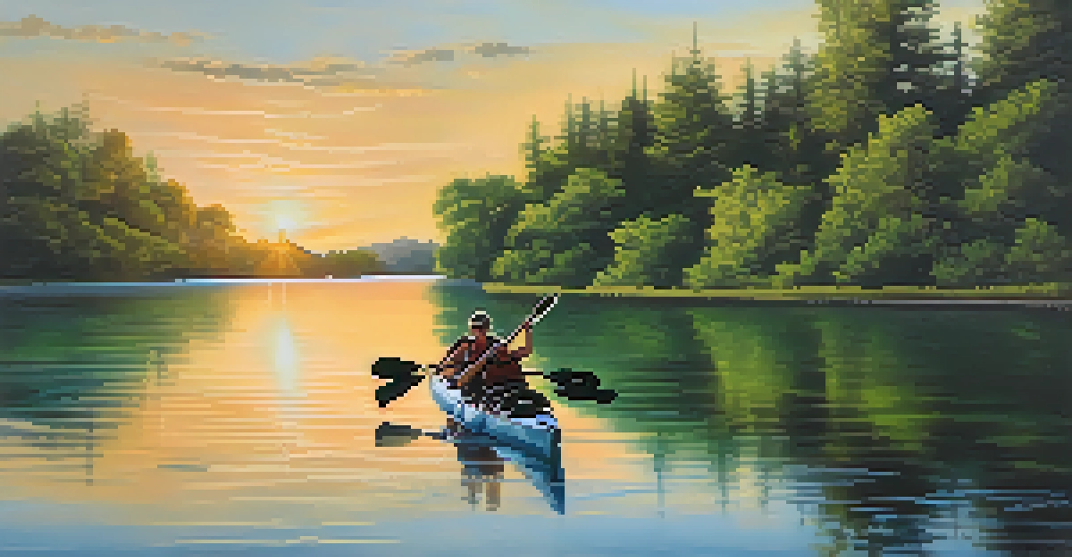 Two kayakers on a calm lake at sunset, with a guide sharing information about local wildlife in a tranquil setting.