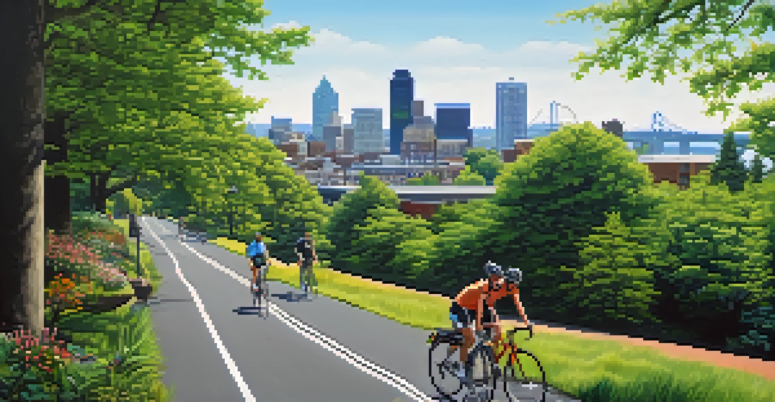 A view of Portland's urban growth boundary with cyclists, green spaces, and the city skyline in the background.