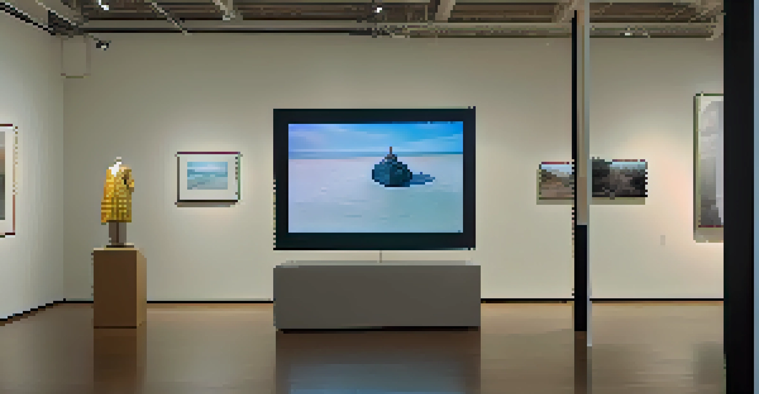 An immersive mixed media installation exploring identity, with sculptures and video displays.