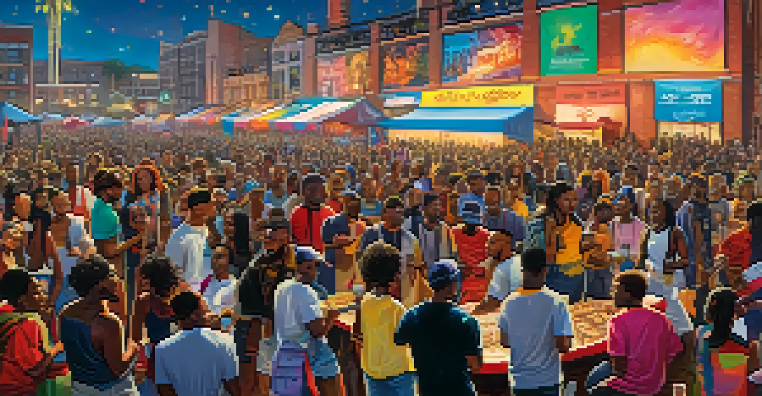 A hip-hop festival in an urban park with artists performing on stage and a diverse crowd enjoying the event.