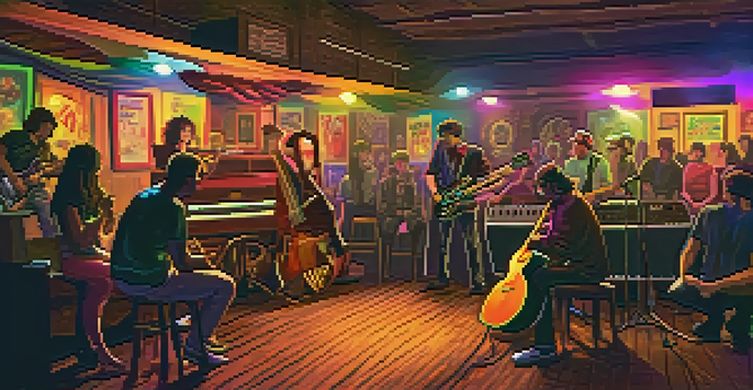 A warm and inviting scene of an indoor music venue with people enjoying a local band performance, colorful lights, and decorations.