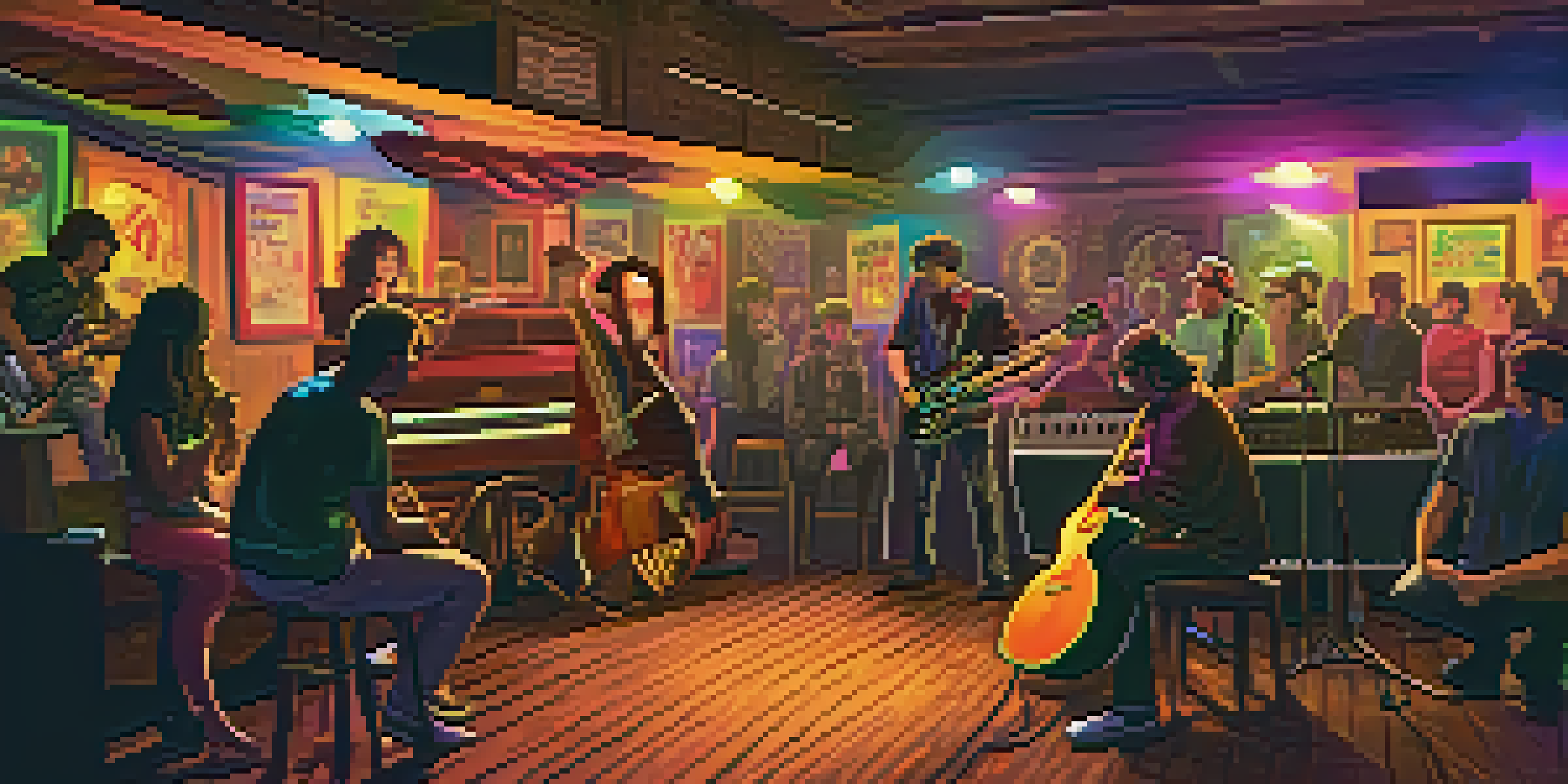 A warm and inviting scene of an indoor music venue with people enjoying a local band performance, colorful lights, and decorations.