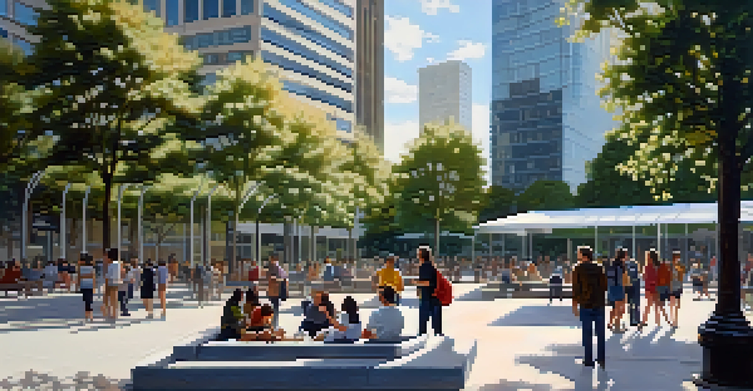 A modern sculpture in a busy city square with people around, reflecting sunlight and surrounded by buildings and trees.