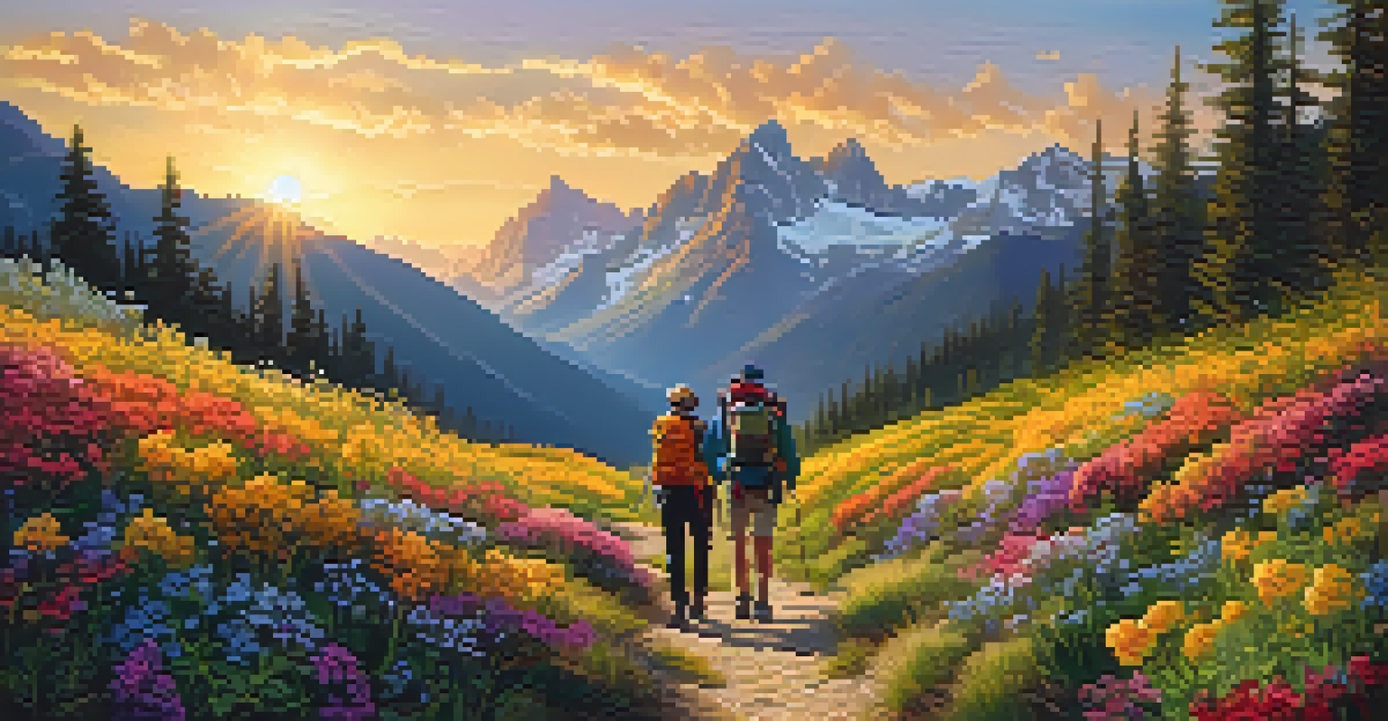 A diverse group of hikers enjoying a scenic trail, surrounded by colorful flowers and mountains in the background.