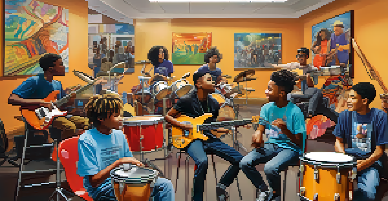 A group of young musicians collaborating in a community center, surrounded by colorful artwork.