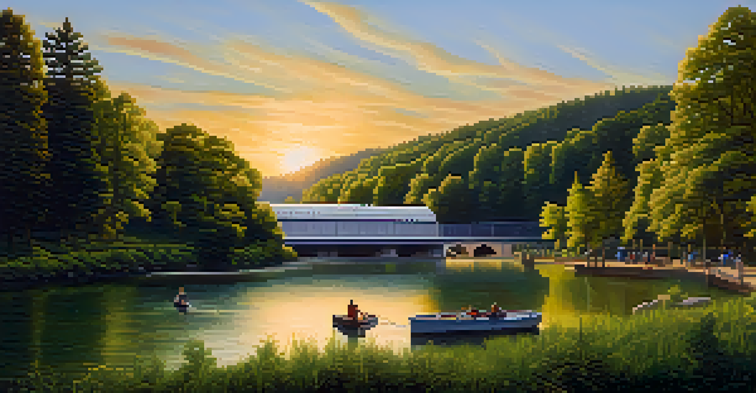 A scenic view of a hydroelectric plant on a river in Portland, with people fishing and boating, illuminated by a sunset.