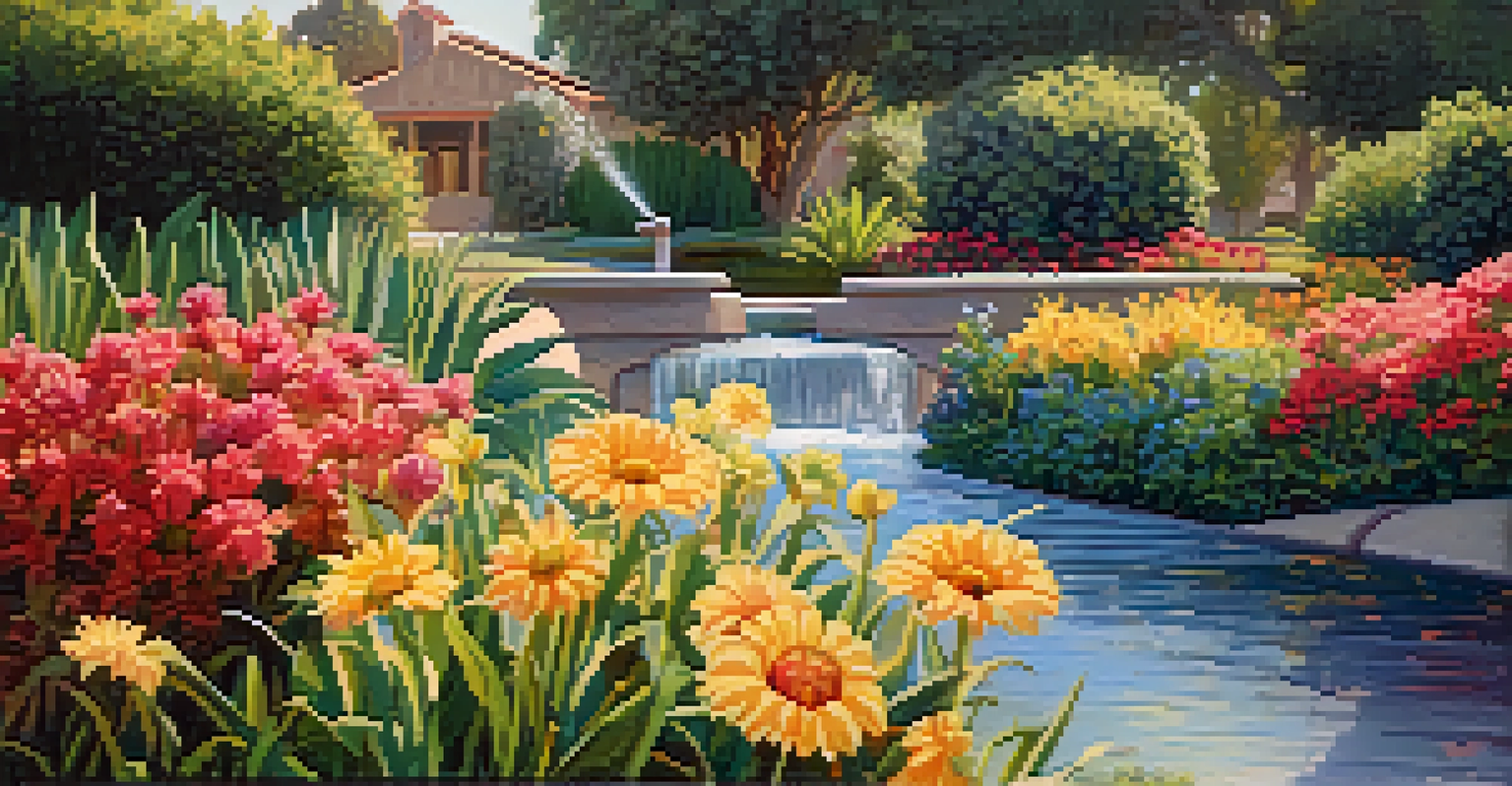 A detailed view of a smart irrigation system in a garden, with colorful drought-resistant flowers and morning light.