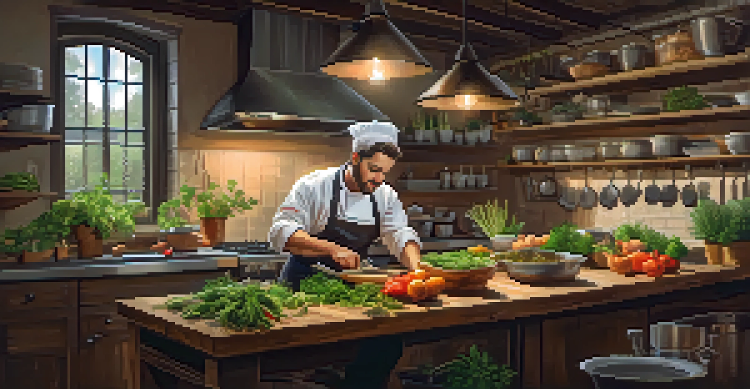 A chef in a rustic kitchen preparing a vibrant farm-fresh dish with locally sourced ingredients.