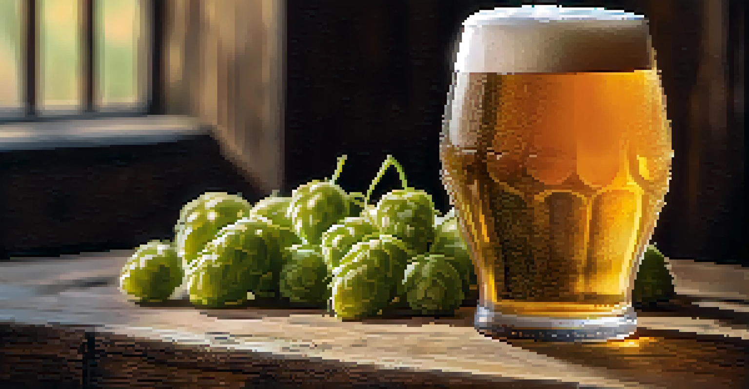Close-up of a pint of hoppy IPA on a wooden table, surrounded by fresh hops and grains, with soft natural light highlighting its texture.