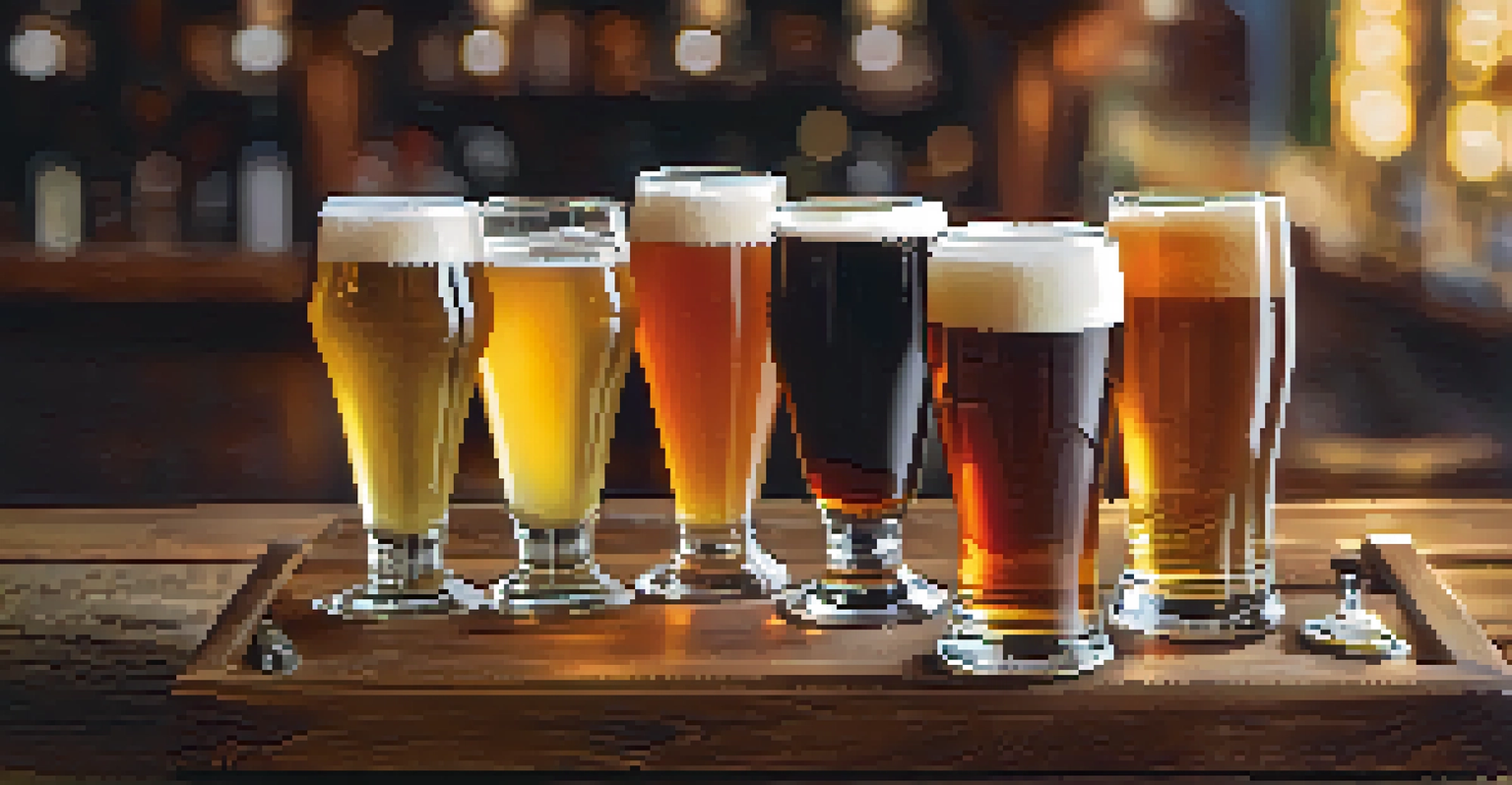 A close-up view of a craft beer flight showcasing different beer styles on a rustic wooden table.