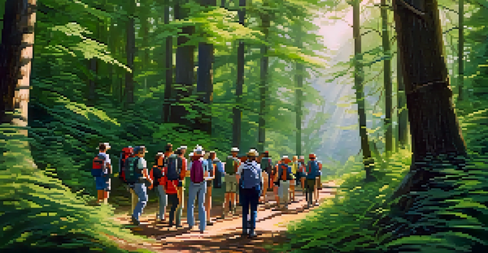 A diverse group of people on a guided hiking tour, surrounded by a lush green forest, with sunlight filtering through the trees.