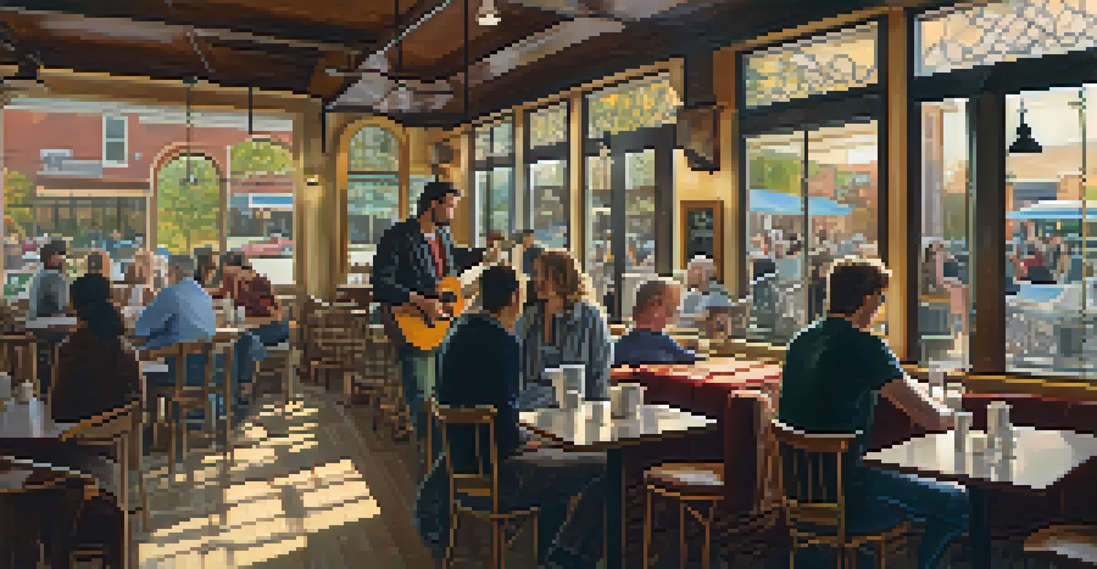 A local musician playing guitar in a busy coffee shop, with patrons enjoying drinks and natural light streaming through the windows.
