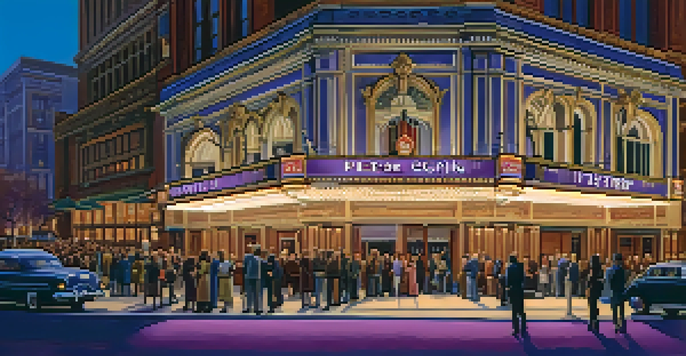 An exterior view of a historic theater with illuminated marquee lights and a crowd of diverse people waiting for a performance at dusk.