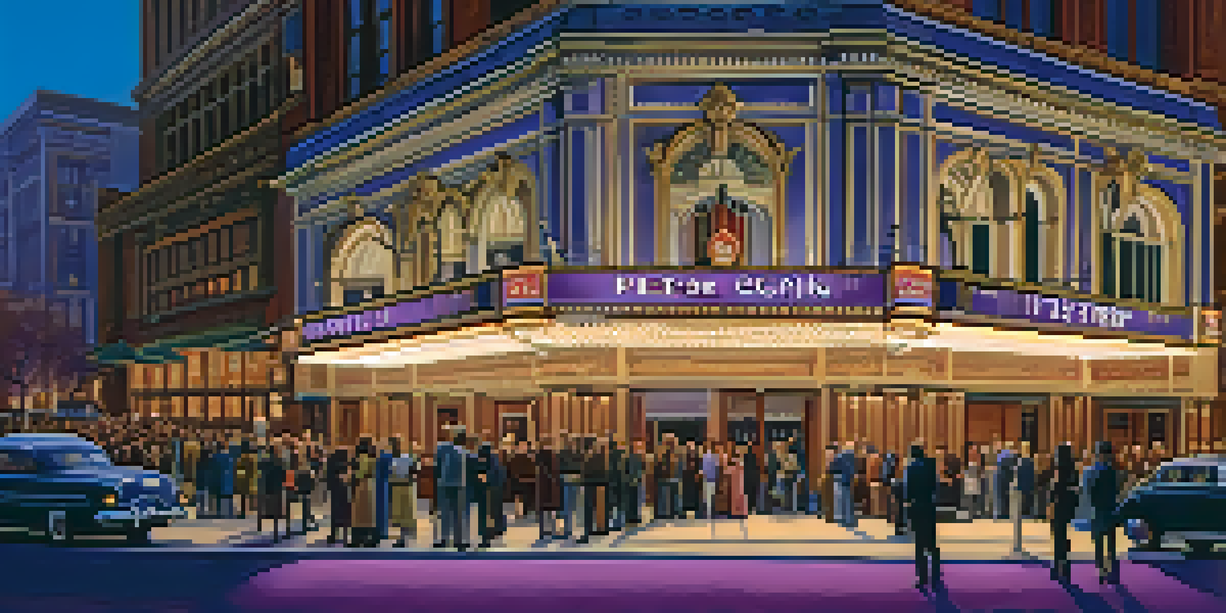 An exterior view of a historic theater with illuminated marquee lights and a crowd of diverse people waiting for a performance at dusk.