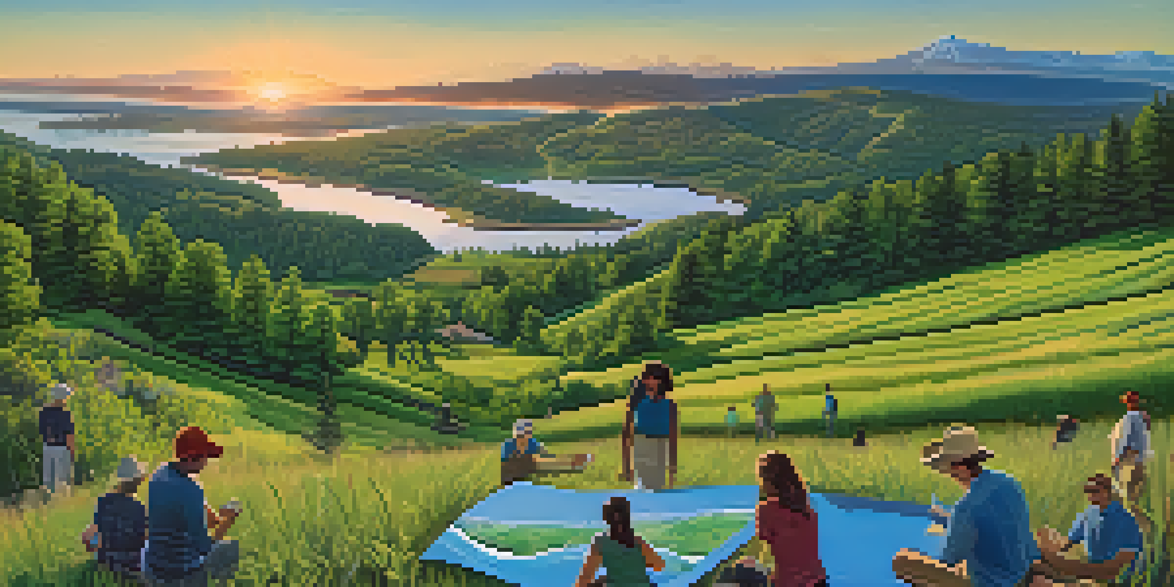 A wide view of Portland's green hills and the Bull Run Watershed at sunset, with people participating in a water conservation workshop.