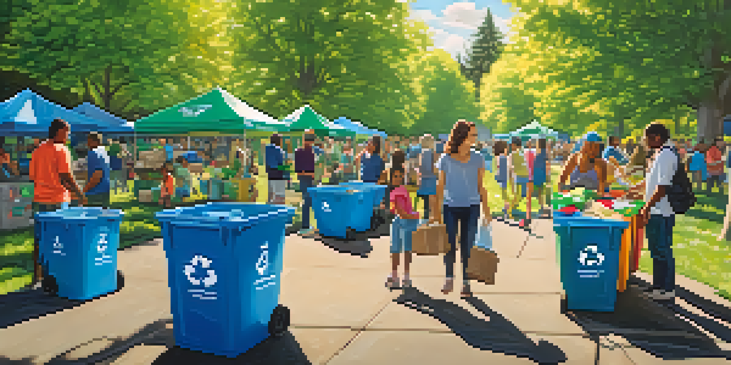 A busy recycling event in a community park with families sorting recyclables and colorful bins under a sunny sky.