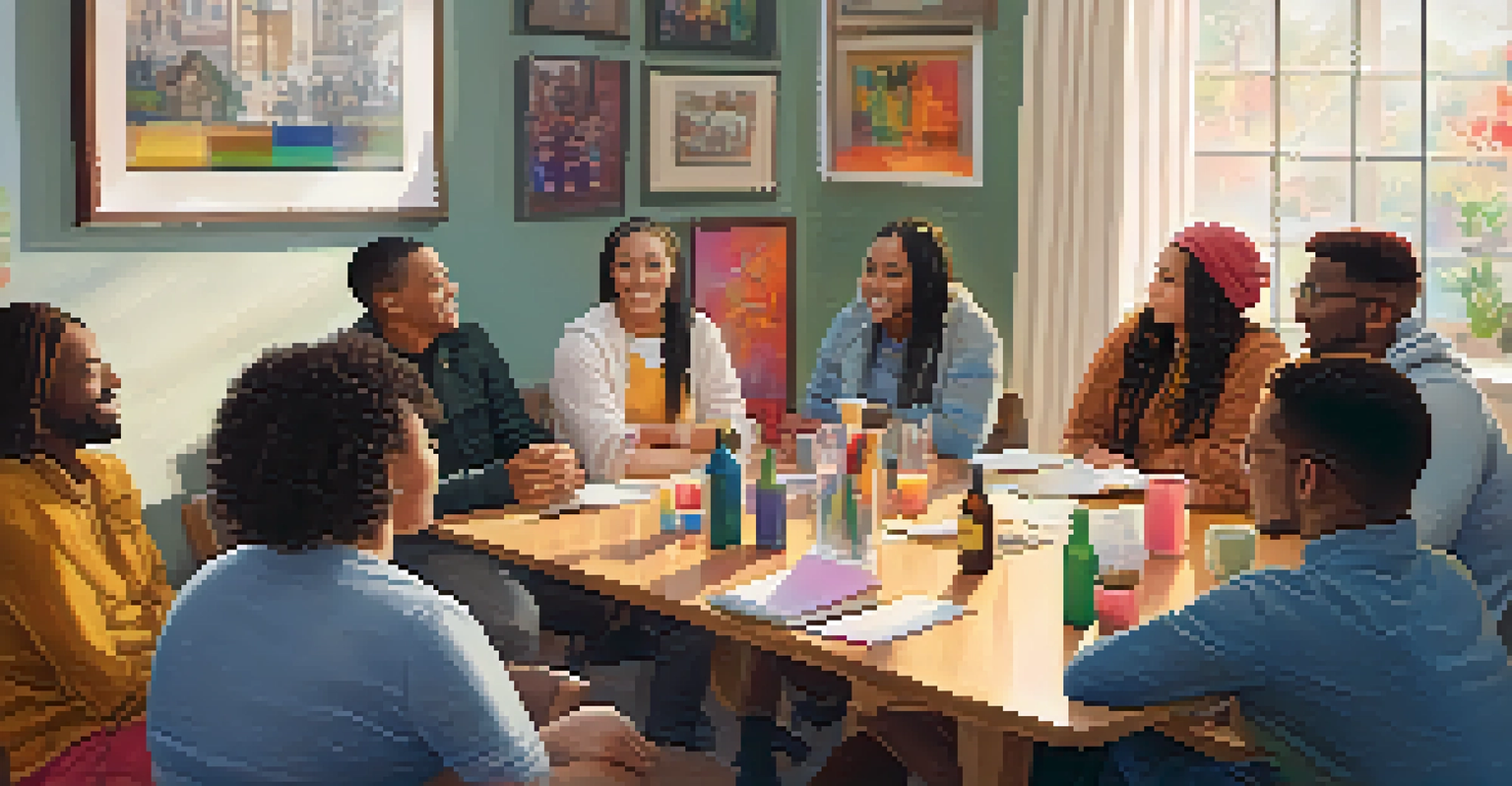 A supportive LGBTQ+ community meeting in a cozy room with engaged participants and colorful decor, promoting inclusivity.
