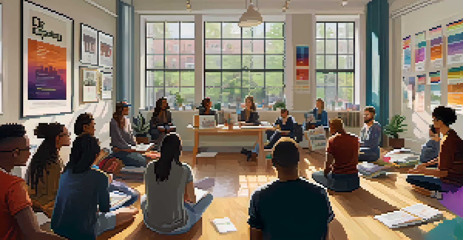 Young LGBTQ+ activists in a workshop setting discussing rights and equality, surrounded by advocacy posters.