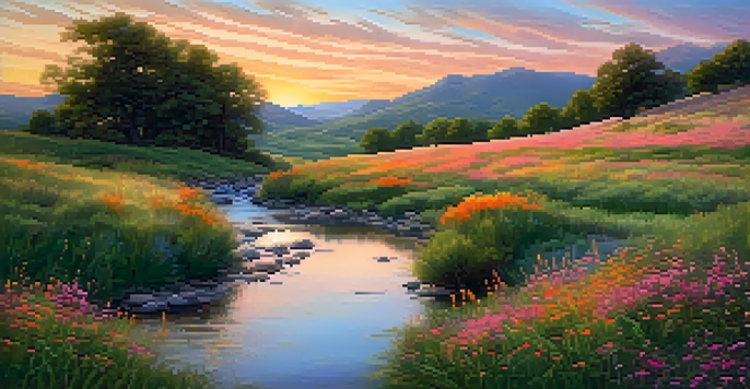 A picturesque landscape at golden hour with rolling hills, a stream, and colorful wildflowers in the foreground.