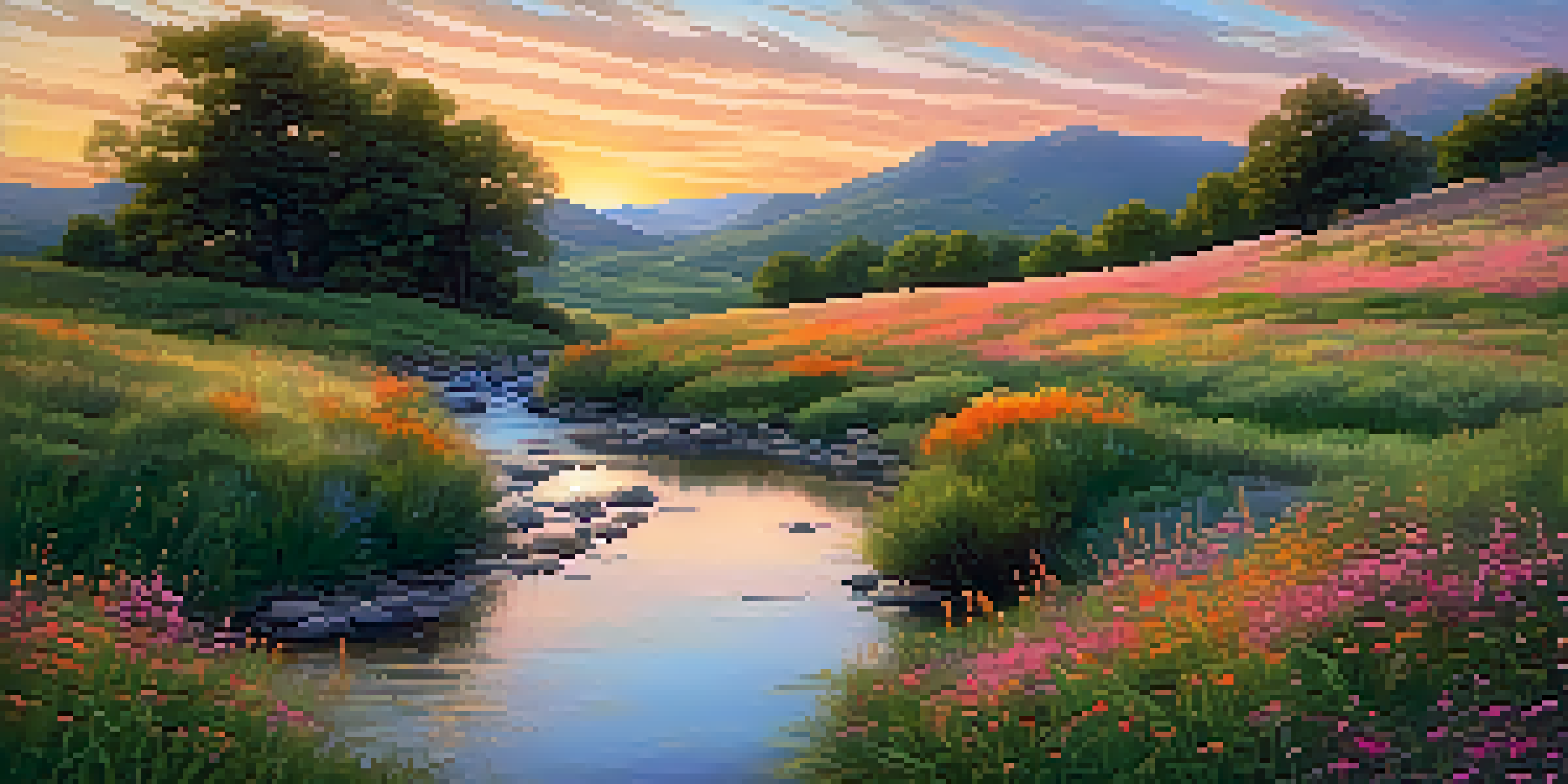 A picturesque landscape at golden hour with rolling hills, a stream, and colorful wildflowers in the foreground.