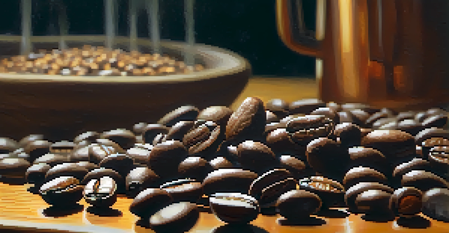 A close-up of freshly roasted coffee beans on a wooden table in a local roaster's workshop.