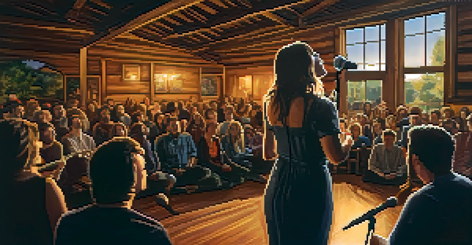 A folk singer performing on stage in a cozy indoor venue with an engaged audience.