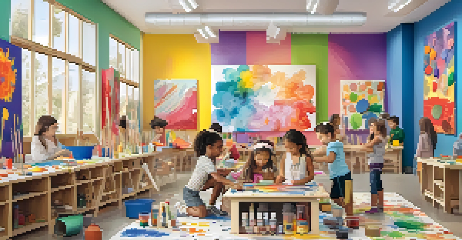 Children engaged in an art workshop, creating with different materials and surrounded by their colorful artwork.