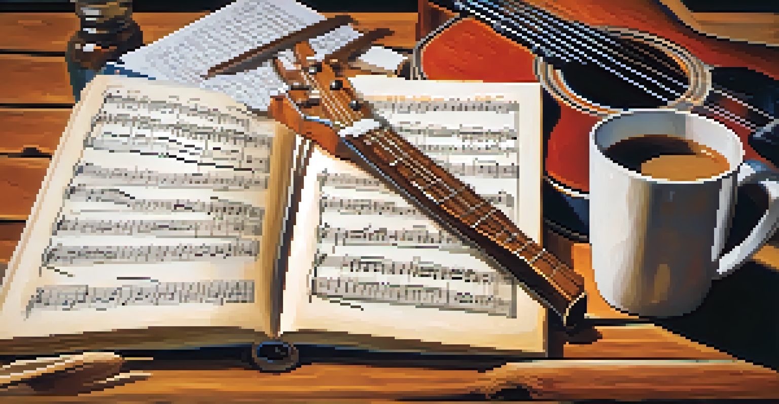 A close-up of an artist's hands playing a guitar with sheet music and a notebook on a rustic table, illuminated by a lamp.