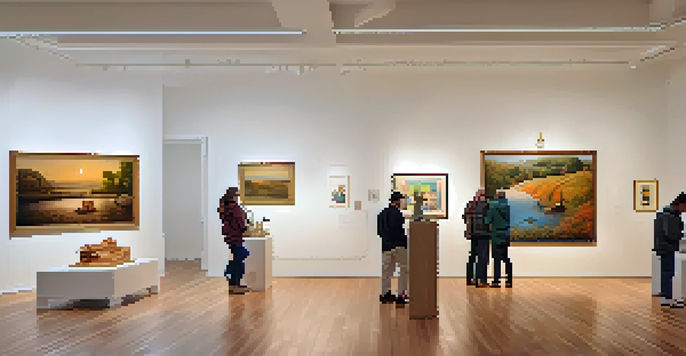 Interior view of a local art gallery with colorful artworks on display and visitors engaged in conversations.