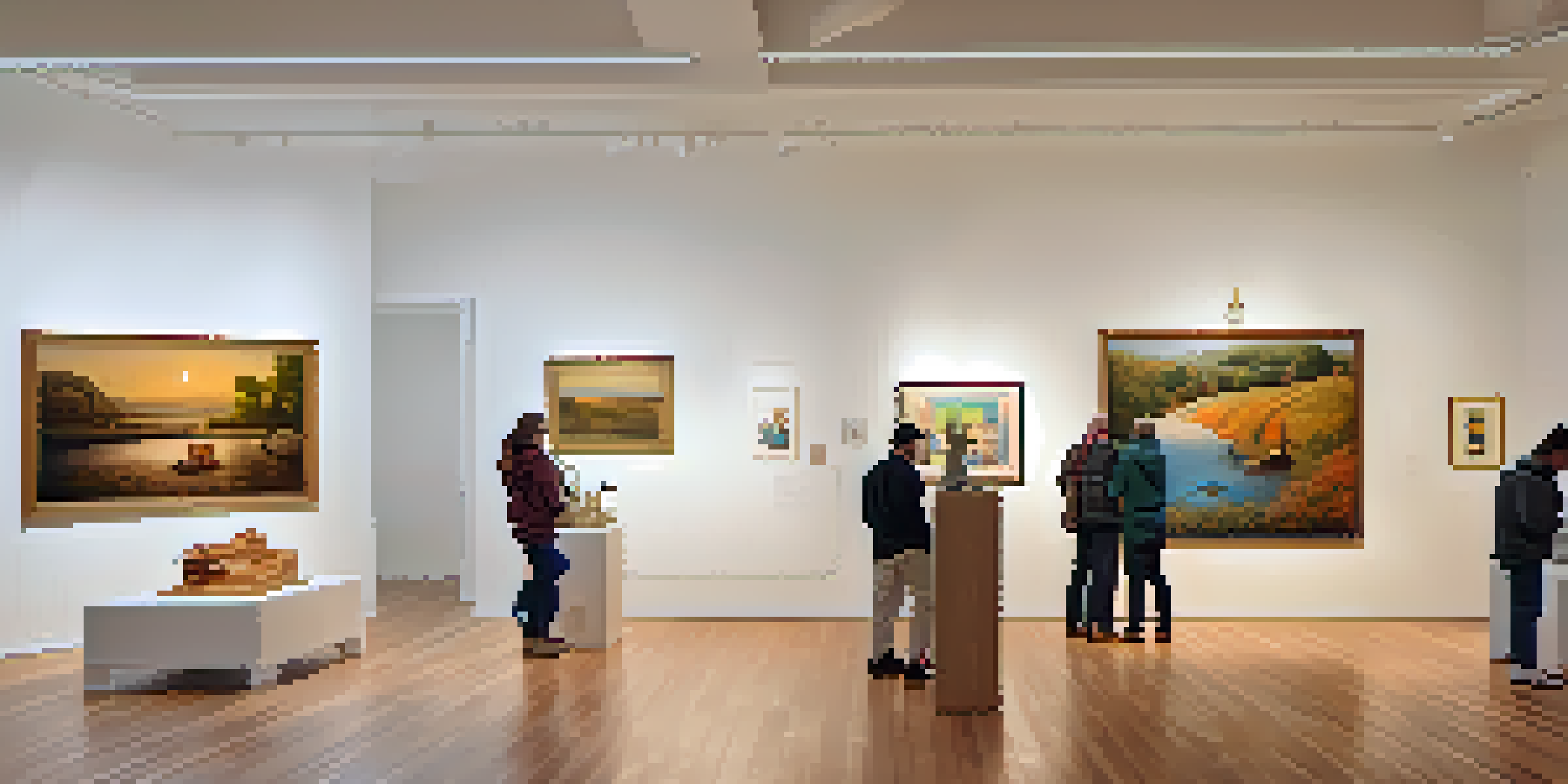Interior view of a local art gallery with colorful artworks on display and visitors engaged in conversations.