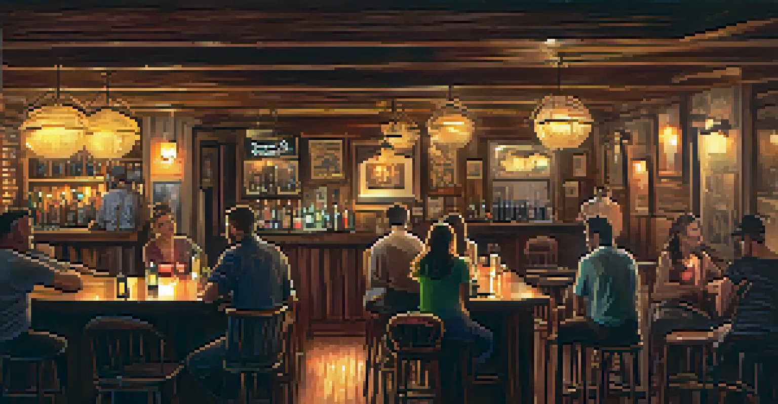 A cozy bar scene featuring a musician on stage playing acoustic guitar, with patrons enjoying drinks in a warmly lit environment.