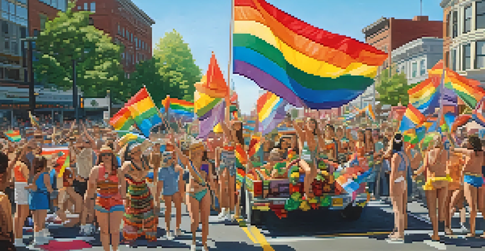A lively Pride Parade with colorful floats and people celebrating together, showcasing a sense of joy and community.