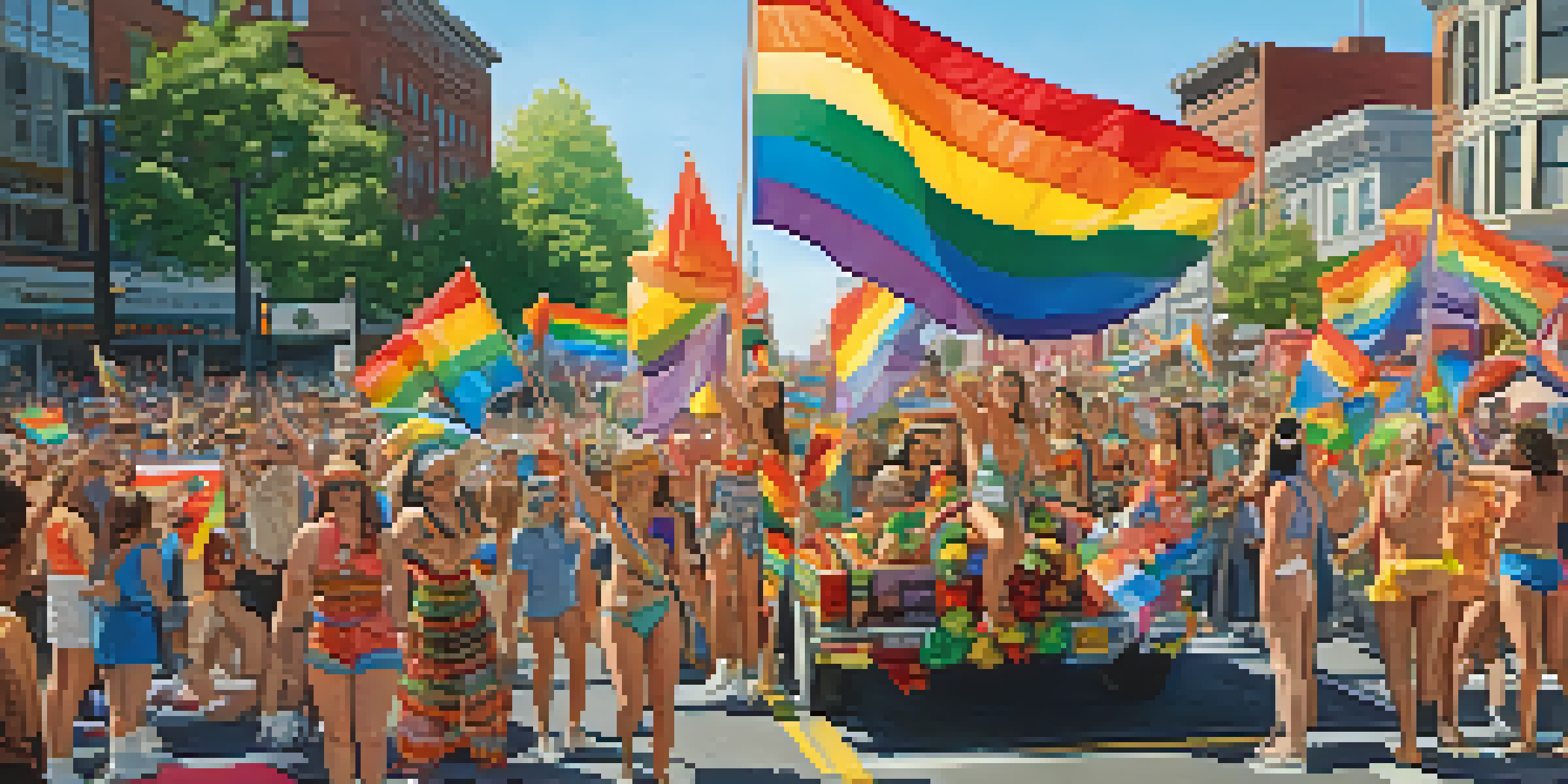 A lively Pride Parade with colorful floats and people celebrating together, showcasing a sense of joy and community.