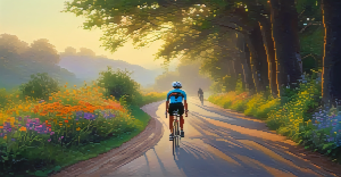 A cyclist riding on a peaceful backroad during sunrise, surrounded by green trees and colorful wildflowers.