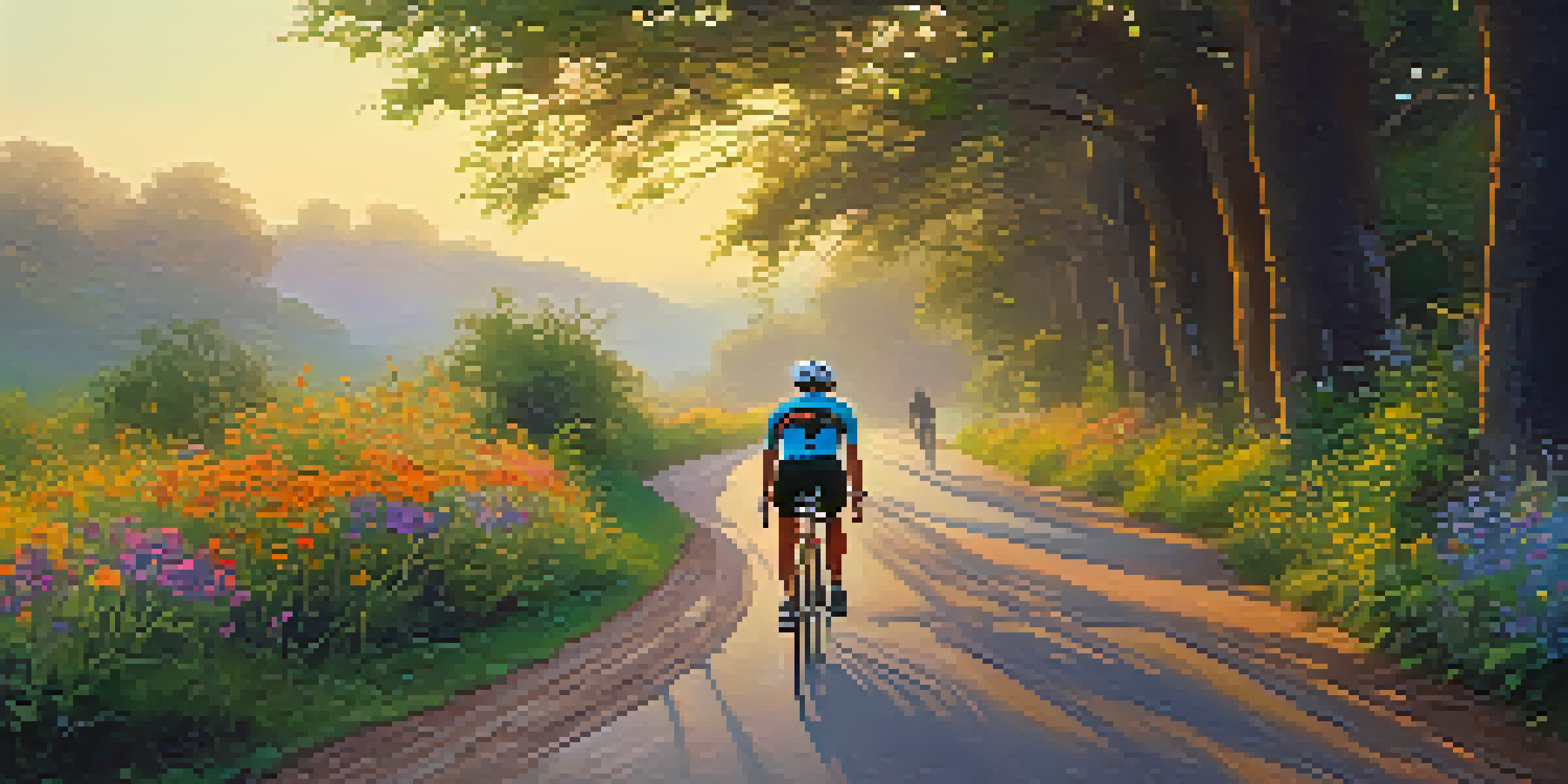 A cyclist riding on a peaceful backroad during sunrise, surrounded by green trees and colorful wildflowers.