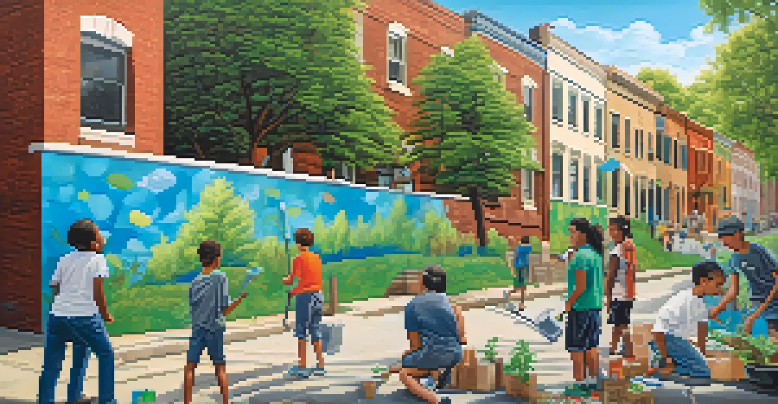 A colorful mural showing youth engaged in climate action, with a group of young people admiring it in the foreground.