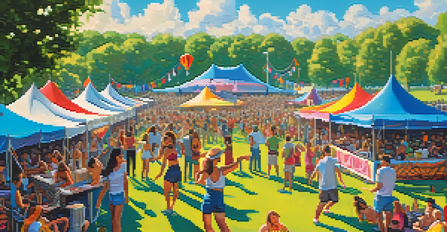 A lively outdoor music festival in a park with people dancing, food vendors, and multiple stages under a clear blue sky.