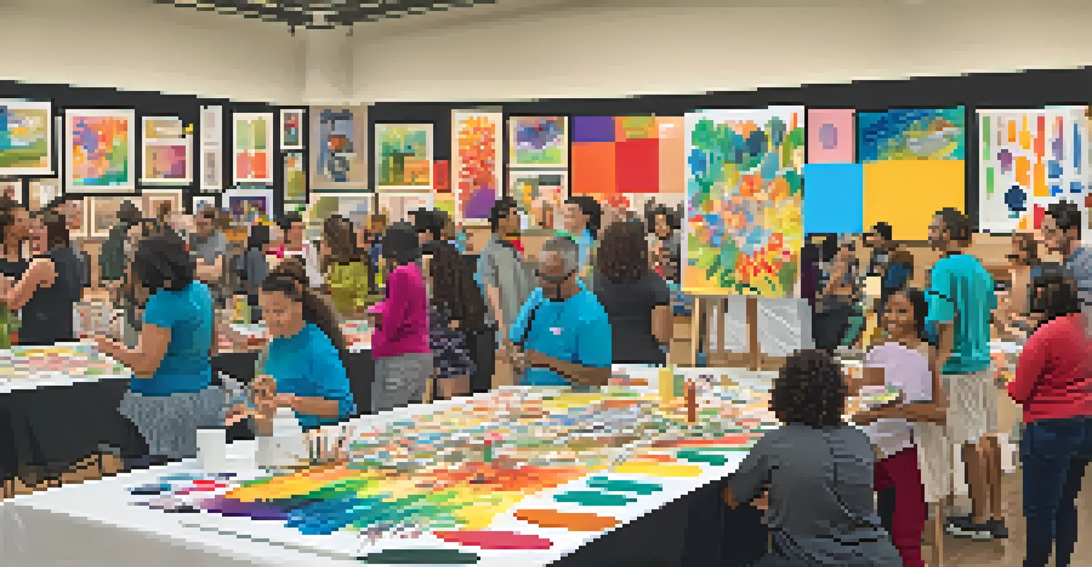 A lively community art event at a local gallery with diverse participants engaged in creative activities.