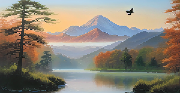 A peaceful mountain scene at dawn with mist, a flowing river, and an eagle flying above.