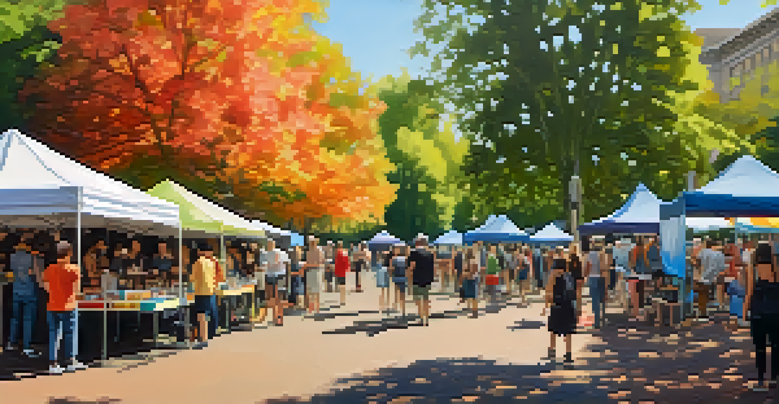 A peaceful park scene during an LGBTQ+ art festival, showcasing artists and visitors enjoying art, food, and live music.