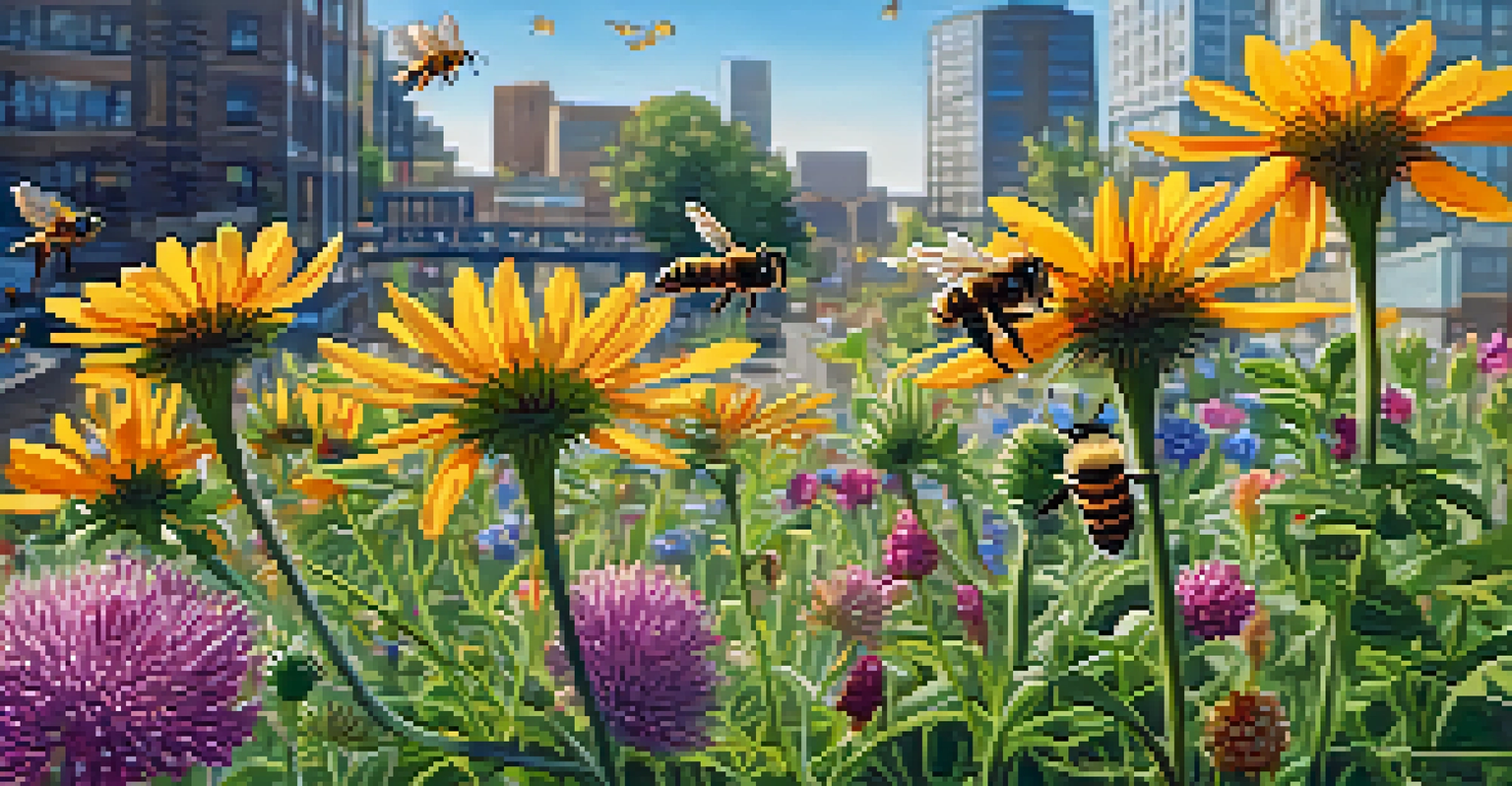 A close-up of a colorful native wildflower garden in Portland, featuring bees and butterflies among the flowers with a sunny urban backdrop.