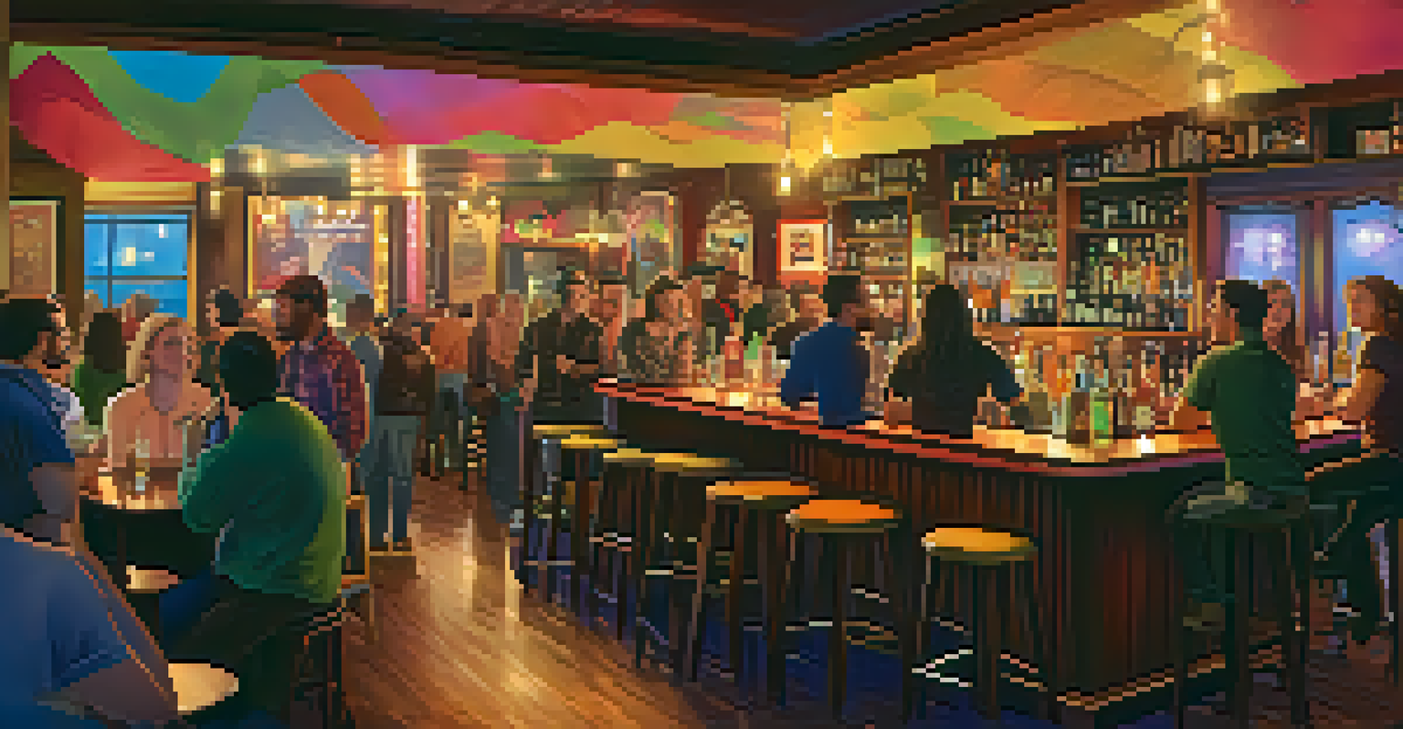 A cozy LGBTQ+ bar with warm lighting and colorful murals, featuring patrons enjoying drinks and a drag performance on stage.