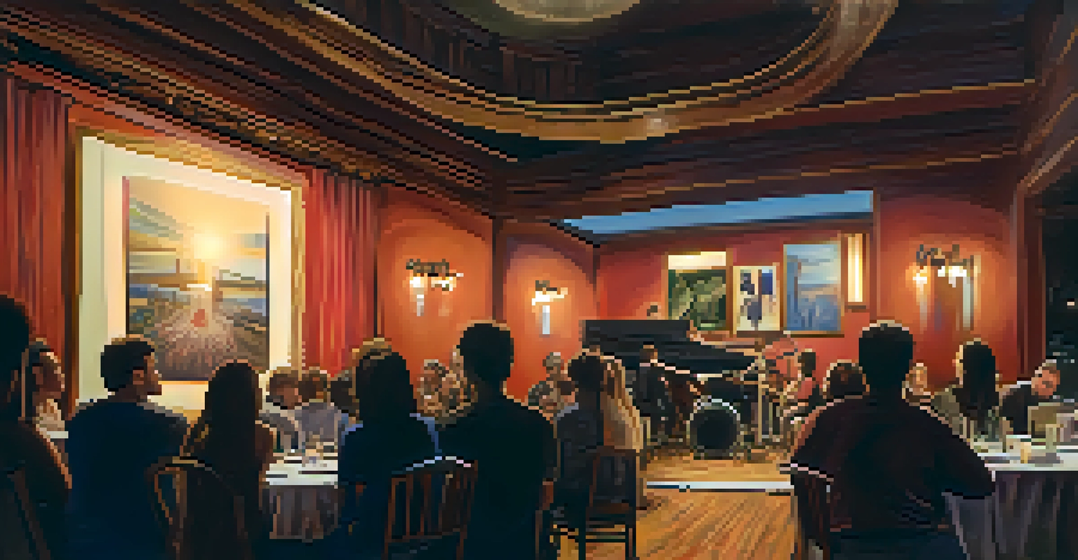 A local artist performing in a cozy venue with warm lighting and an engaged audience, surrounded by local artwork.